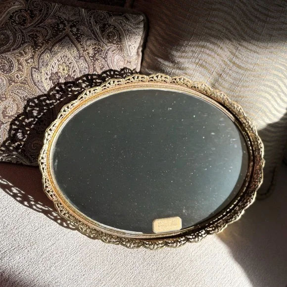 Vintage 1950s Gold Filigree Vanity Tray Wall Mirror Hollywood Regency